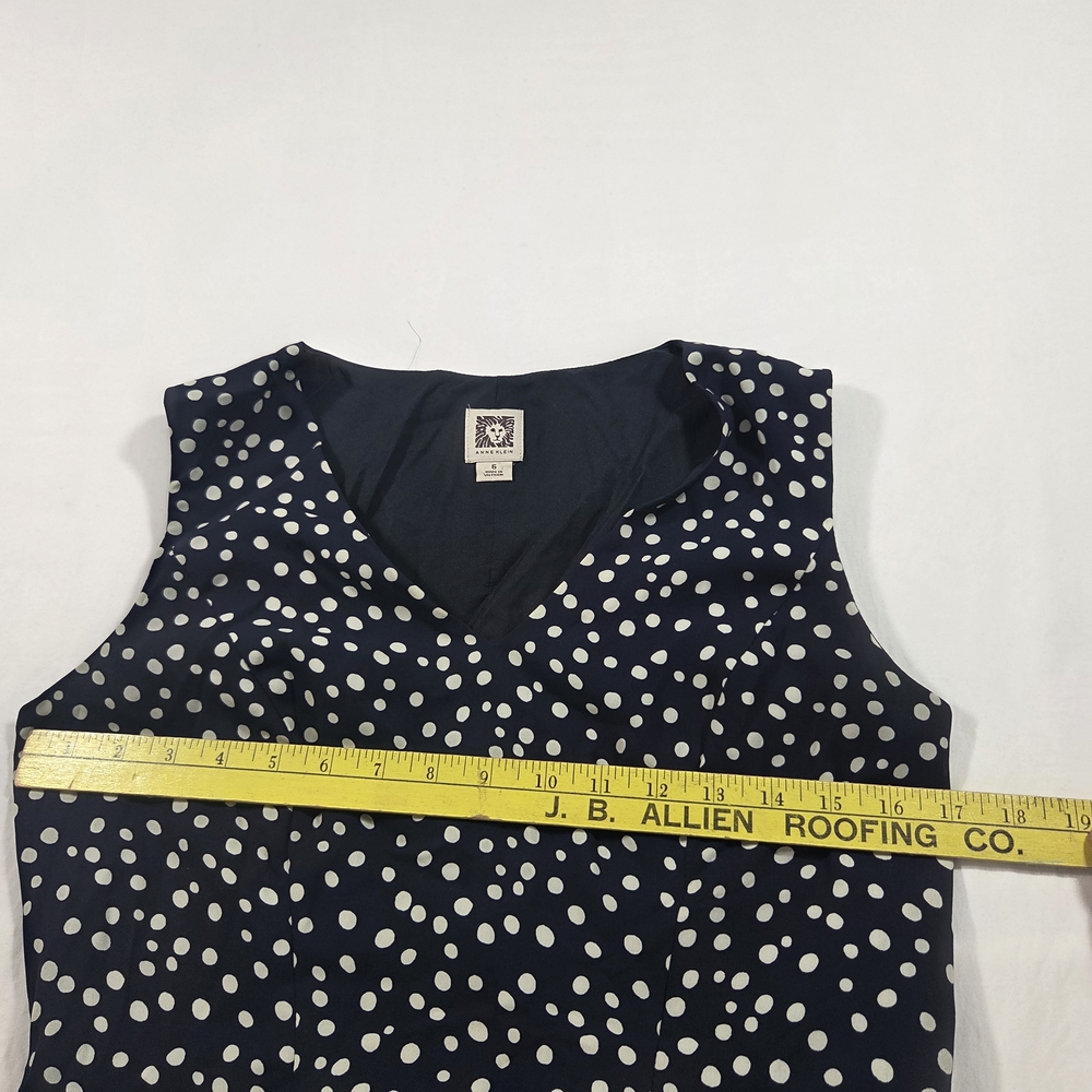 Anne Klein Dress Pleated Navy Polka Dot Midi Dress V Neck Woman's 6 Sleeveless - Picture 6 of 12